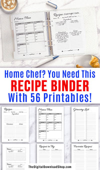Recipe Binder Printable- Get your recipes organized with this handy recipe planner printable! With 56 printable pages, everything you could possibly need to organize your family's recipes and mealtime is right here! | kitchen binder, organize your recipes, menu planning, meal planner, menu planner, #mealPlanning #recipes #DigitalDownloadShop