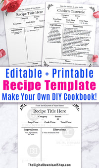 Recipe template editable printable with an elegant black and white theme! This editable recipe binder page is the perfect way to get your family's favorite recipes organized, or can be given as a thoughtful wedding gift!