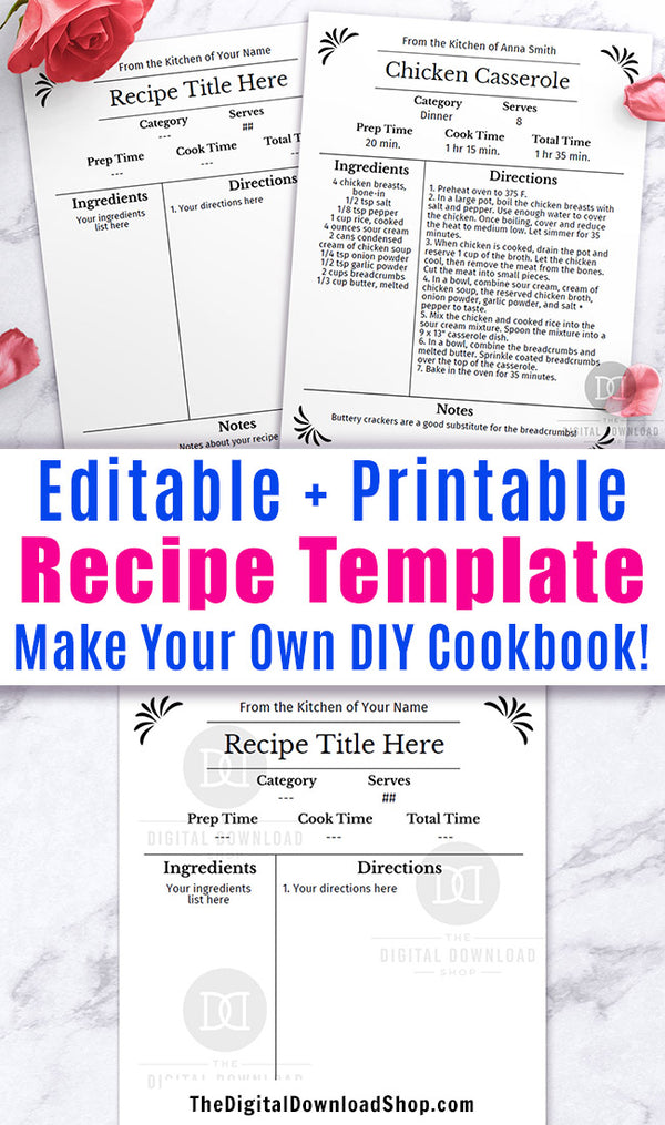 Recipe template editable printable with an elegant black and white theme! This editable recipe binder page is the perfect way to get your family's favorite recipes organized, or can be given as a thoughtful wedding gift!