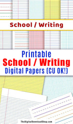 School + Writing Digital Papers- his digital background set includes 10 printable scrapbook papers with school writing and graphing layouts. | handwriting practice paper, lined paper, graph paper, bullet journal dot grid, commercial use license, #digitalPaper #writingPaper #DigitalDownloadShop