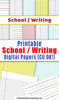 School + Writing Digital Papers- his digital background set includes 10 printable scrapbook papers with school writing and graphing layouts. | handwriting practice paper, lined paper, graph paper, bullet journal dot grid, commercial use license, #digitalPaper #writingPaper #DigitalDownloadShop