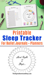 2 bullet journal sleep trackers- one circle sleep tracker + one vertical sleep tracker. Use these bujo printables for a fun, colorful way to help track your sleep!