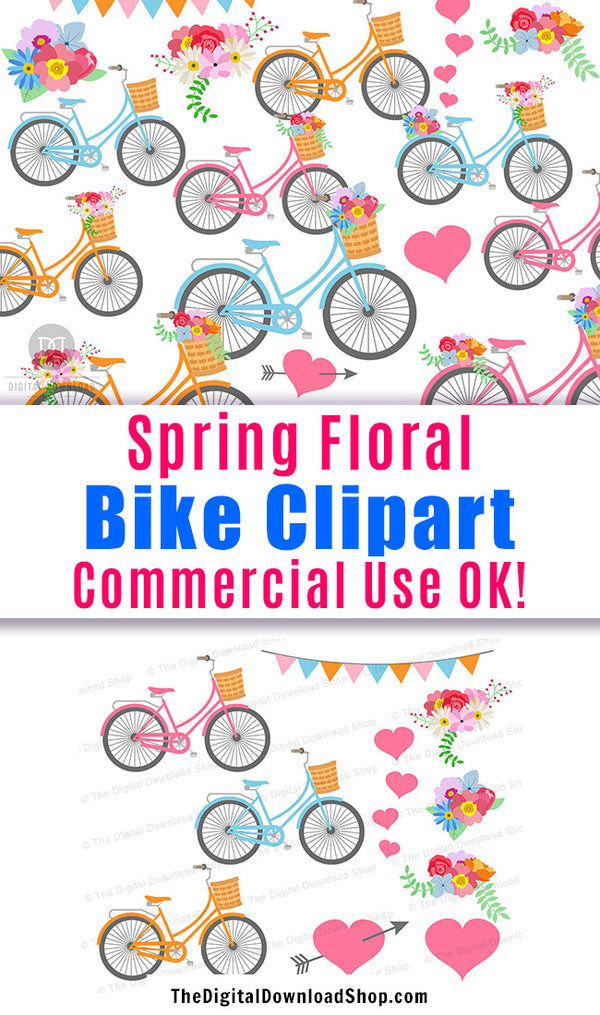 Spring Floral Bicycles Clipart- This rustic bike graphics set includes beautiful colorful bikes, including bikes with flowers in their baskets and bikes with flowers on their back wheels, plus bouquets and hearts! | commercial use clipart, #clipart #graphics #DigitalDownloadShop