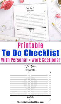 To do list printable with sections for personal and work tasks. Use this printable to do page to help yourself stay on top of all that you need to do in your personal and professional life!