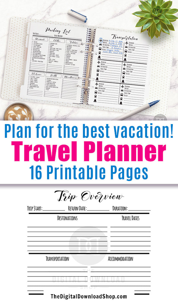 Travel planner printable bundle with 16 helpful pages! Use these vacation planner printables to prepare for your trip and keep track of important information!
