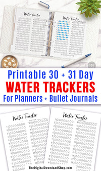 2 water tracker printables for bullet journals and other planners. Use these monthly hydration tracker template printables to keep tabs on how much water you drink! | drink more water, bujo printables, stay hydrated, #planner #bulletJournal #DigitalDownloadShop