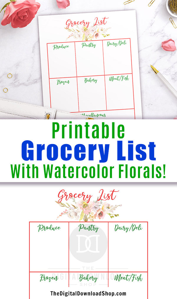Grocery list printable with gorgeous watercolor florals. Use this grocery list template to break up your shopping list into categories for an easier time at the grocery store! 