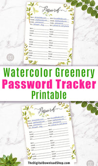 Password Tracker Printable- This pretty password log printable with watercolor greenery is a beautiful way to keep track of all your Internet logins! | #passwordTracker #passwordLog #printable #DigitalDownloadShop