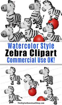 10 watercolor style zebra clipart graphics for personal and commercial use. These would be perfect for making printable wall art, DIY safari party printables, and other fun graphic design projects! | #clipart #graphicDesign #scrapbooking #digiscrap #DigitalDownloadShop