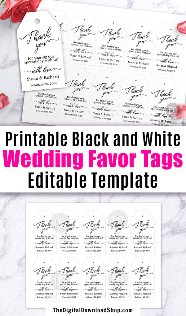 Wedding Favor Tags Printable: Black + White- These editable thank you tags would make lovely finishing touches to your wedding favors, and since they're just black and white they're easy on your printer ink! | gift tags, thank you tags, #favorTags #wedding #DigitalDownloadShop