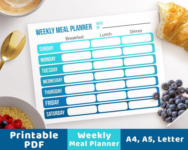 Weekly Menu Planner Printable- Blue Ombre - The Digital Download Shop