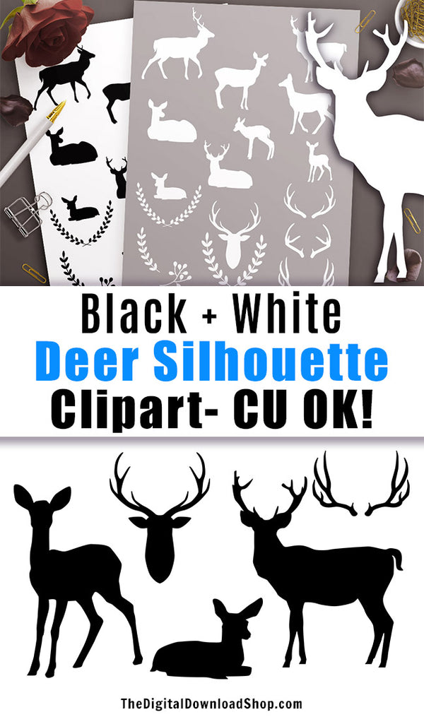 Black + White Deer Silhouette Clipart- 34 deer clipart images for personal and commercial use! These would be great on DIY Christmas cards or homemade holiday gifts! | animals, graphic design, silhouettes, CU OK, #deer #clipart #DigitalDownloadShop