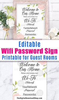 Wifi Password Sign Printable: Floral- This editable home network sign would be such a lovely (and thoughtful!) addition to your guest room. | guest wi-fi sign, #printable #guestRoomDecor #DigitalDownloadShop